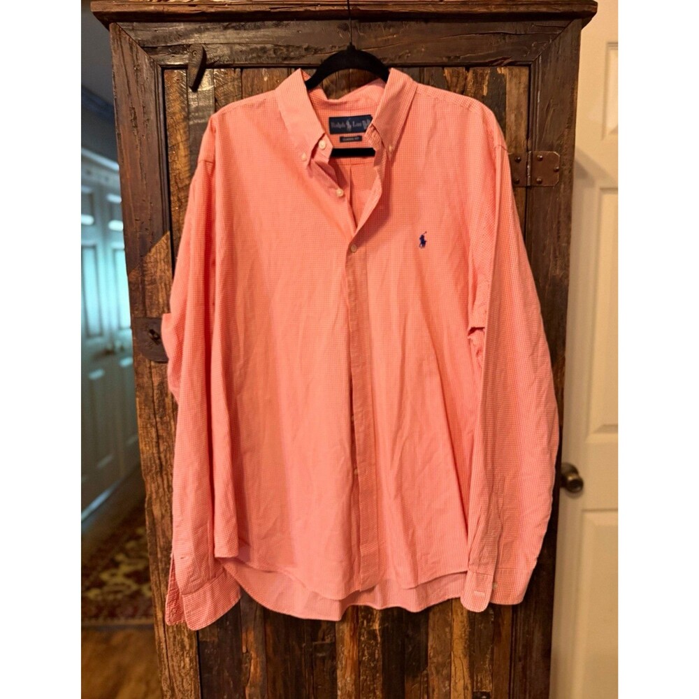 Ralph Lauren Mens XL Classic Fit Button-Down Shirt Orange White Check Cotton